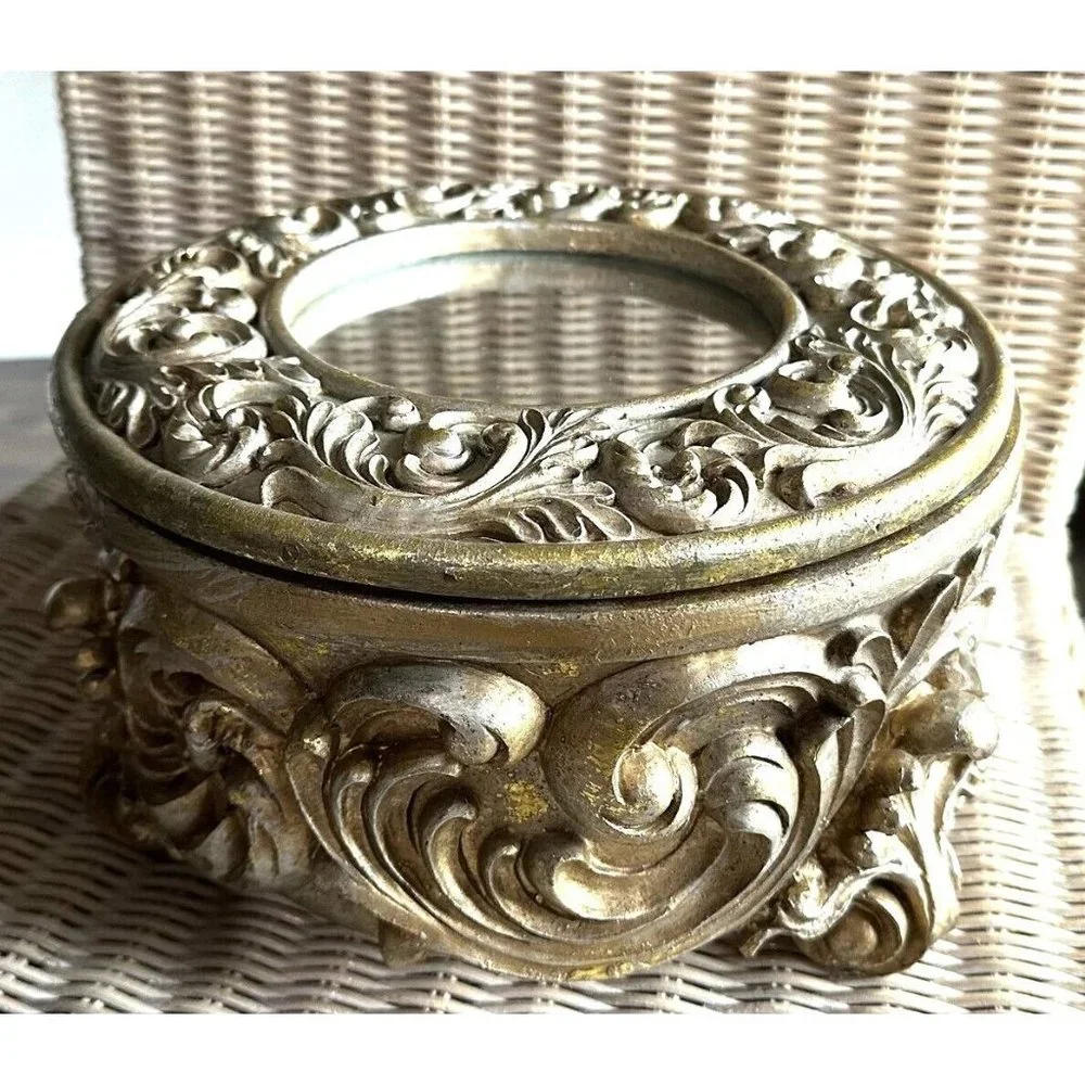 Jewelry Trinket Box Vanity Box Art Nouveau Style Resin Repousse Footed Lined